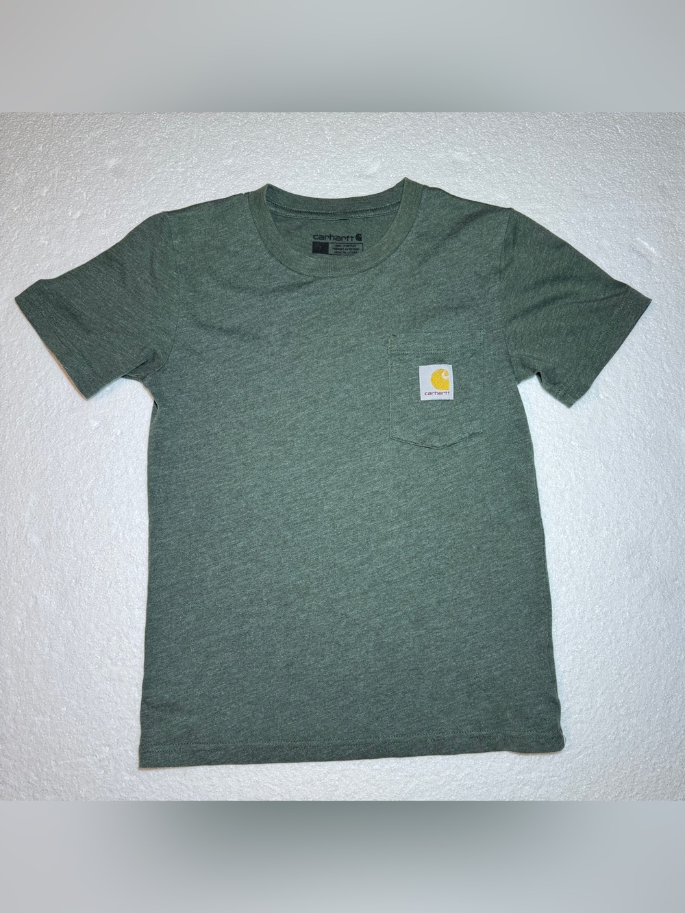 Carhartt Boys Pocket Tee Heathered Green Logo Crew Neck Short Sleeve 7